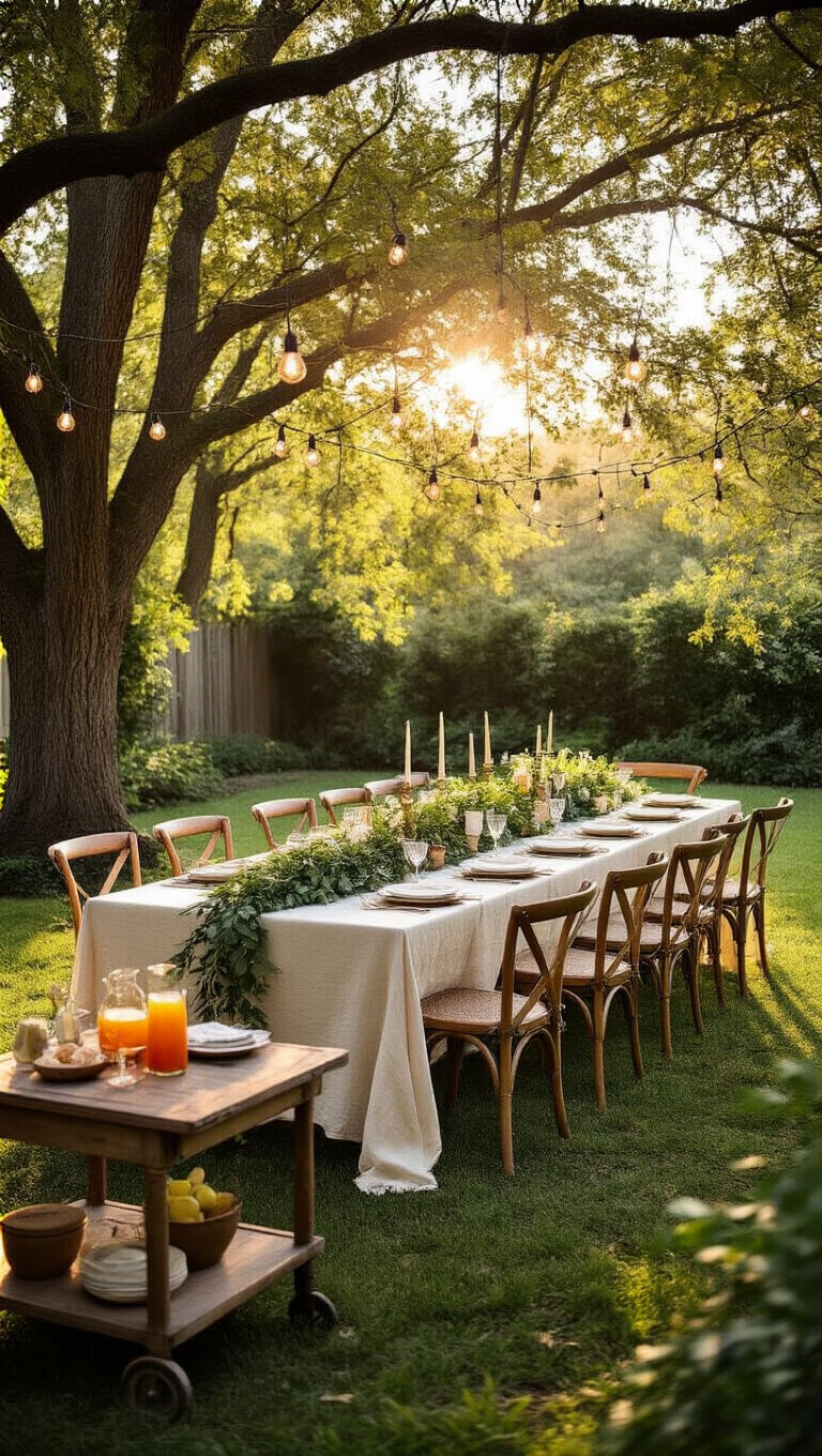Wide-angle view of a sunlit backyard with a long farm table set for a gathering, draped in linen and greenery, surrounded by vintage chairs under bistro lights, with a rustic bar cart in the foreground.
