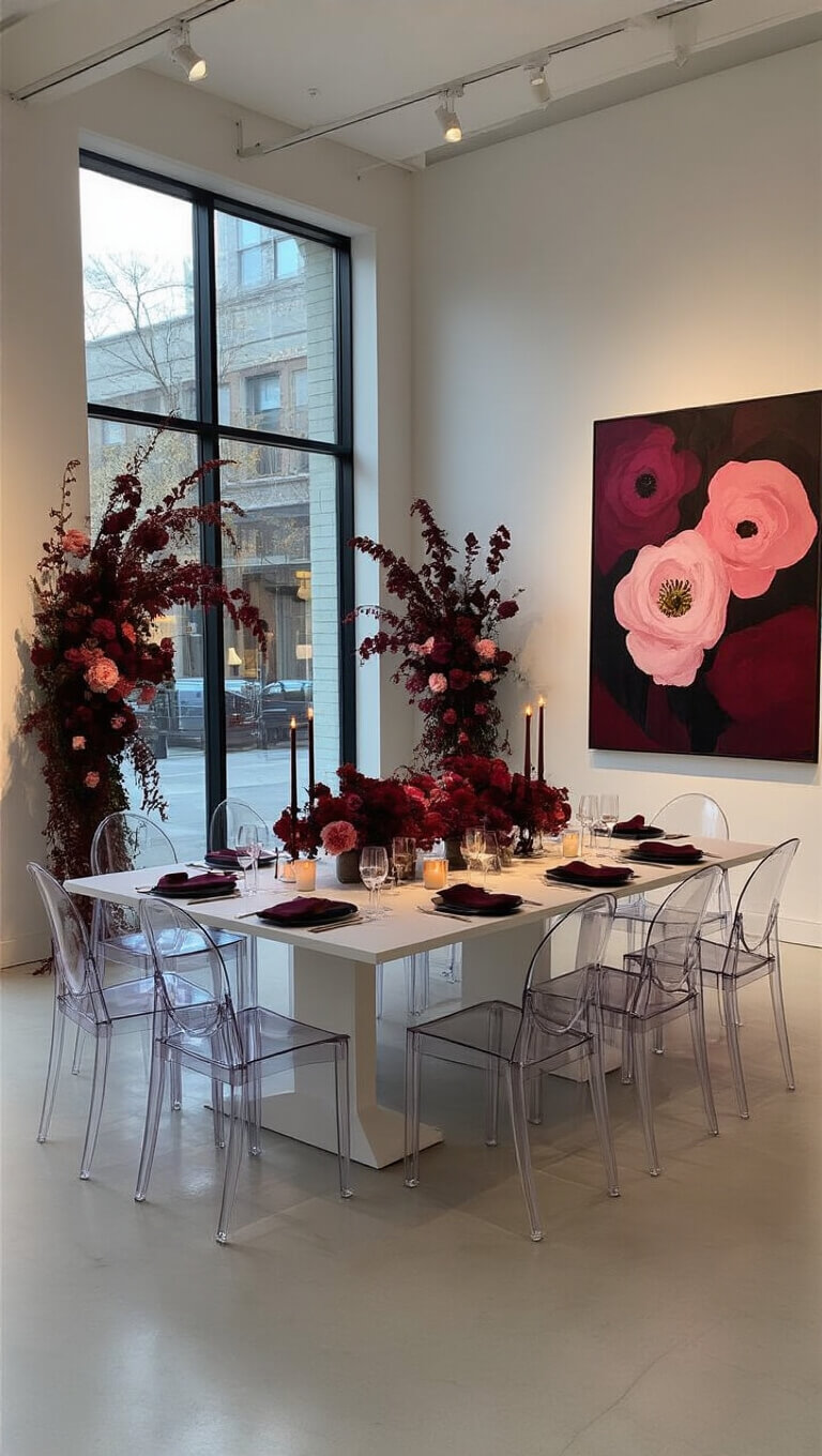 Art gallery main room with U-shaped table setup, ghost chairs, black place settings, dramatic burgundy and blush floral arrangements, abstract artwork on white walls, and warm ambient lighting.