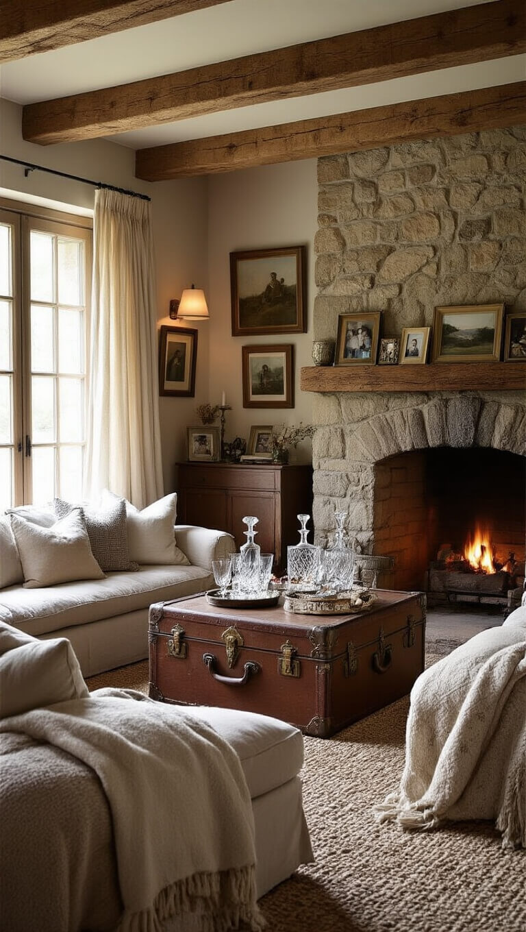 Cozy living room with wooden beams, stone fireplace, vintage decor, and warm natural lighting capturing personal touches like family photos and plush seating.