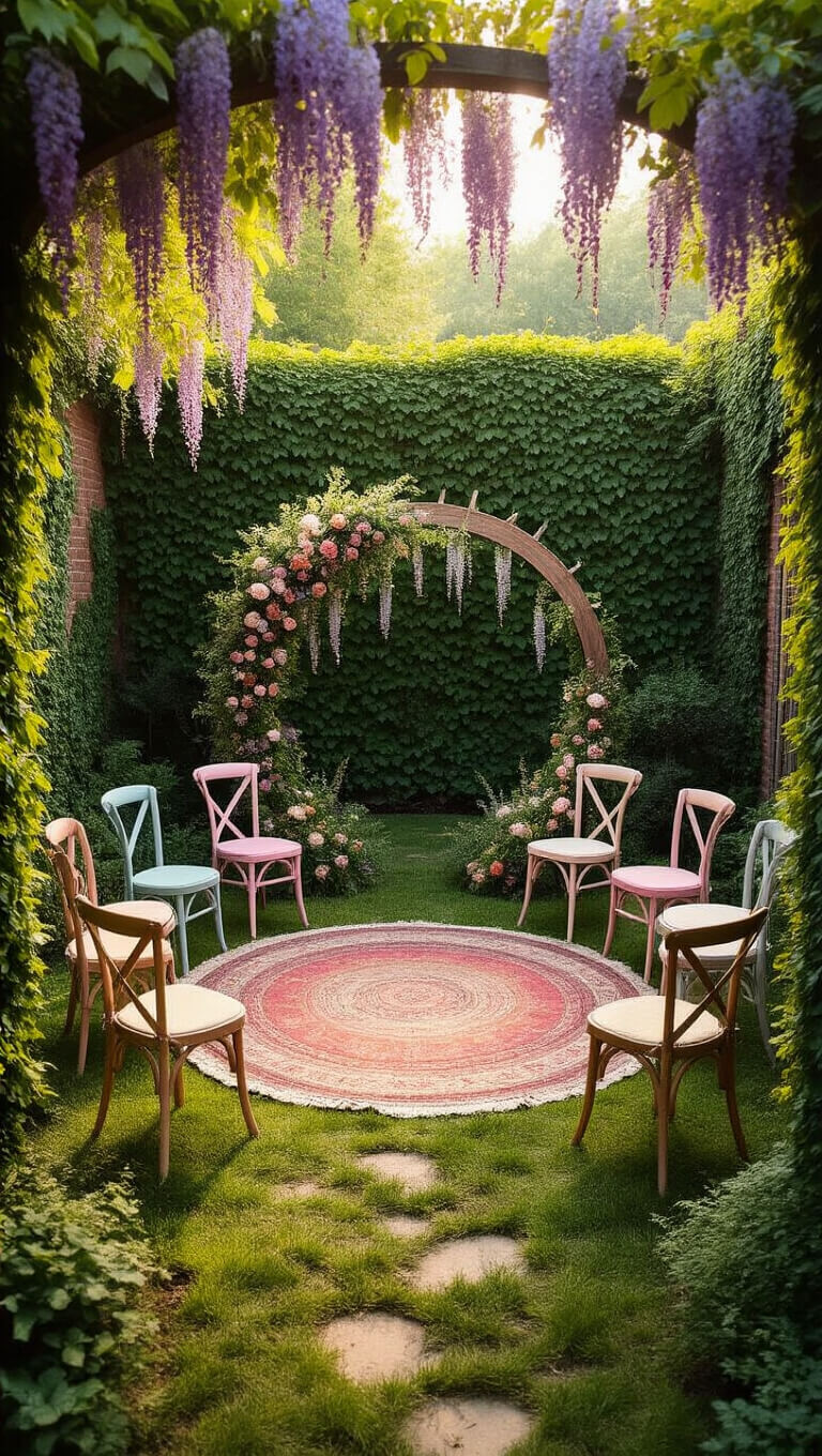 Drone view of a romantic garden ceremony space with vintage rugs in a circular layout, pastel chairs, a flower-draped wooden arch, and ivy-covered walls bathed in golden hour light.