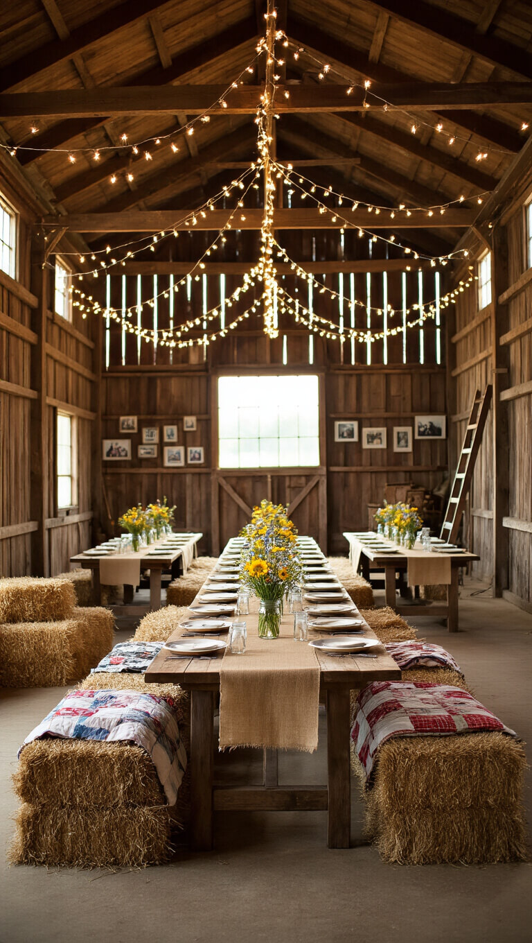 Low-angle view of a rustic barn interior with warm evening light streaming through wooden planks, farmhouse tables set with wildflowers, hay bale seating, fairy lights overhead, and framed photos on a vintage ladder.