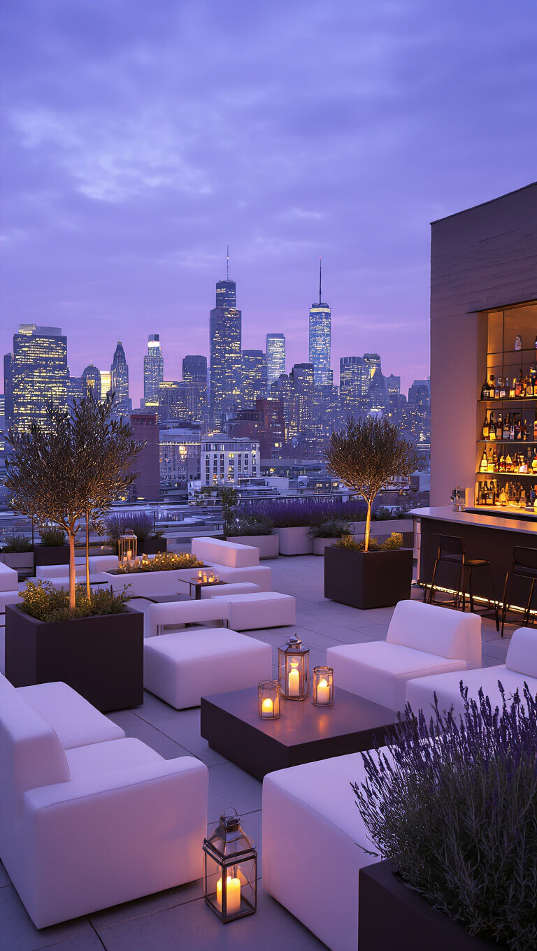 Chic rooftop terrace at twilight with white lounge furniture, twinkling city skyline, glowing candles, and potted olive trees under soft uplighting.