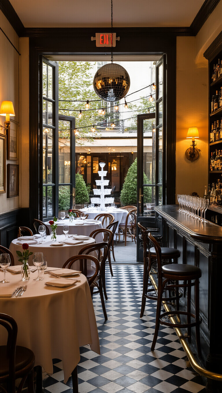 Charming Parisian-style bistro with black and white tiled floors, white-linen round tables with roses, retro mirror ball over a small dance floor, champagne tower at the bar, and string-lit terrace viewed through open French doors.