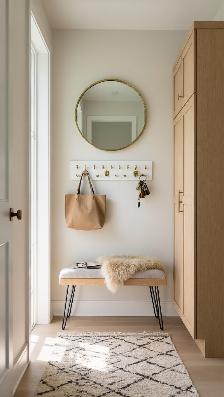 Compact 6x4 ft entryway with light oak wall-mounted shoe cabinet, brass mirror, petite bench with faux fur throw, white pegboard with hooks, and geometric rug in soft morning light.