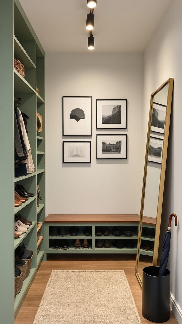 Ultra-narrow 3x5 ft entryway with sage green BILLY bookcase for storage, full-length brass-framed mirror, walnut floating shelf, black and white gallery wall, and matte black umbrella stand, lit by warm LED track lighting.