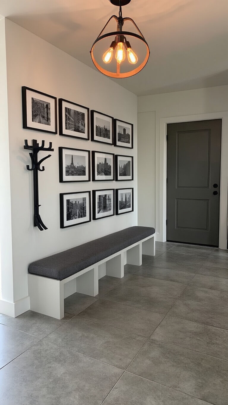 Modern entryway with Edison bulb pendant light, charcoal linen bench with storage, black and white city photo grid, matte black coat rack, round mirror, and concrete-look tile floor.