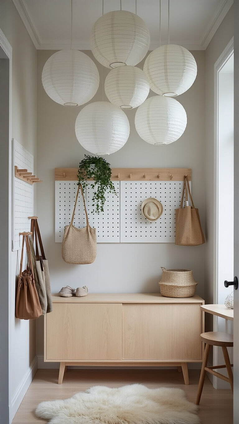 Scandinavian-style entryway with birch wood credenza, paper lantern lighting, white pegboard organizer, sheepskin rug, and bentwood coat stand in natural light.