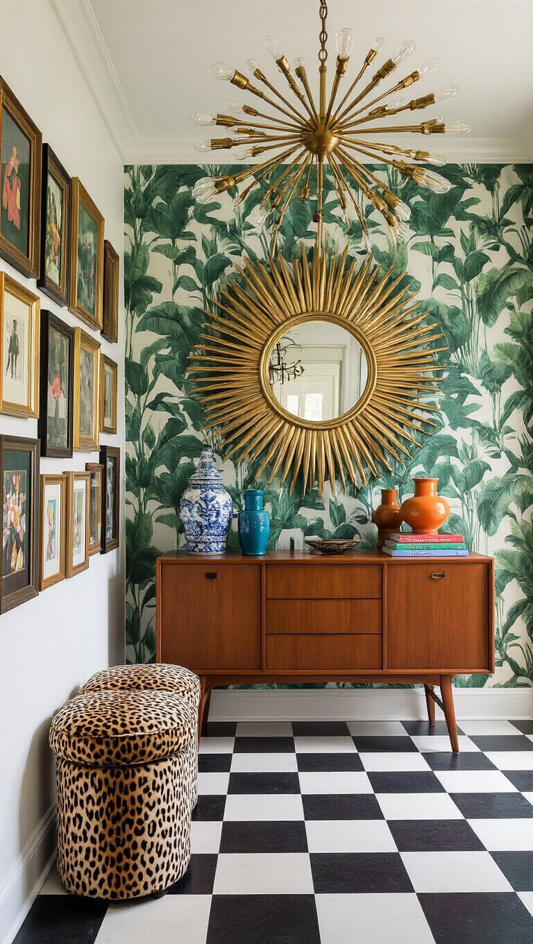 Eclectic 6x5 ft entryway with tropical leaf wallpaper, mid-century teak console, sunburst mirror, vintage frame gallery, leopard print ottoman, brass sputnik chandelier, and black and white checkerboard floor.