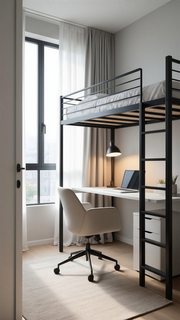 Wide-angle view of a compact studio apartment with a black metal loft bed, white desk and chair underneath, light gray walls, and soft morning light filtering through sheer curtains.