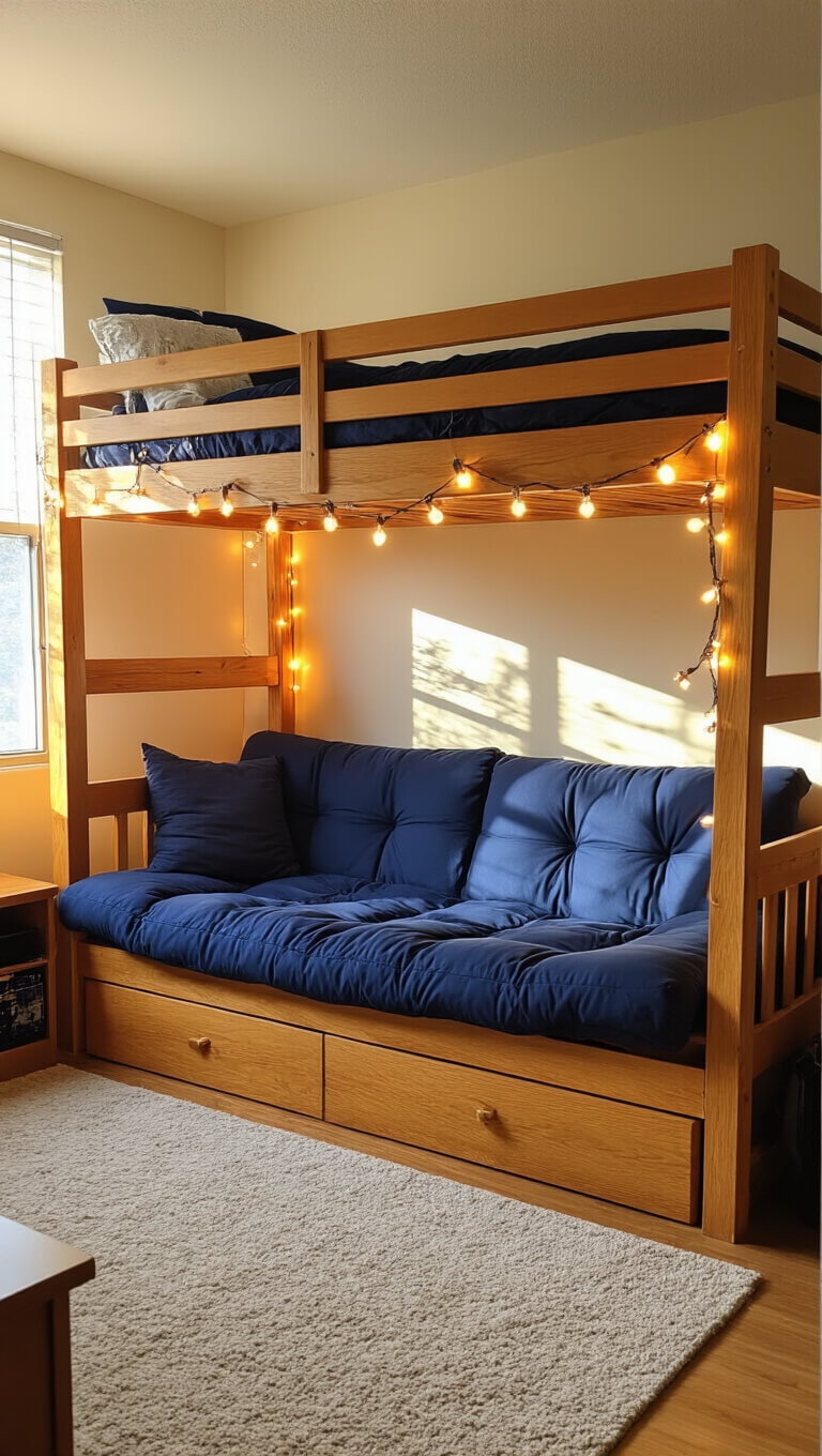 Cozy dorm room with a wooden loft bed above a navy blue futon, bathed in golden hour light, string lights draped along the bed frame, viewed from the corner to highlight vertical space.