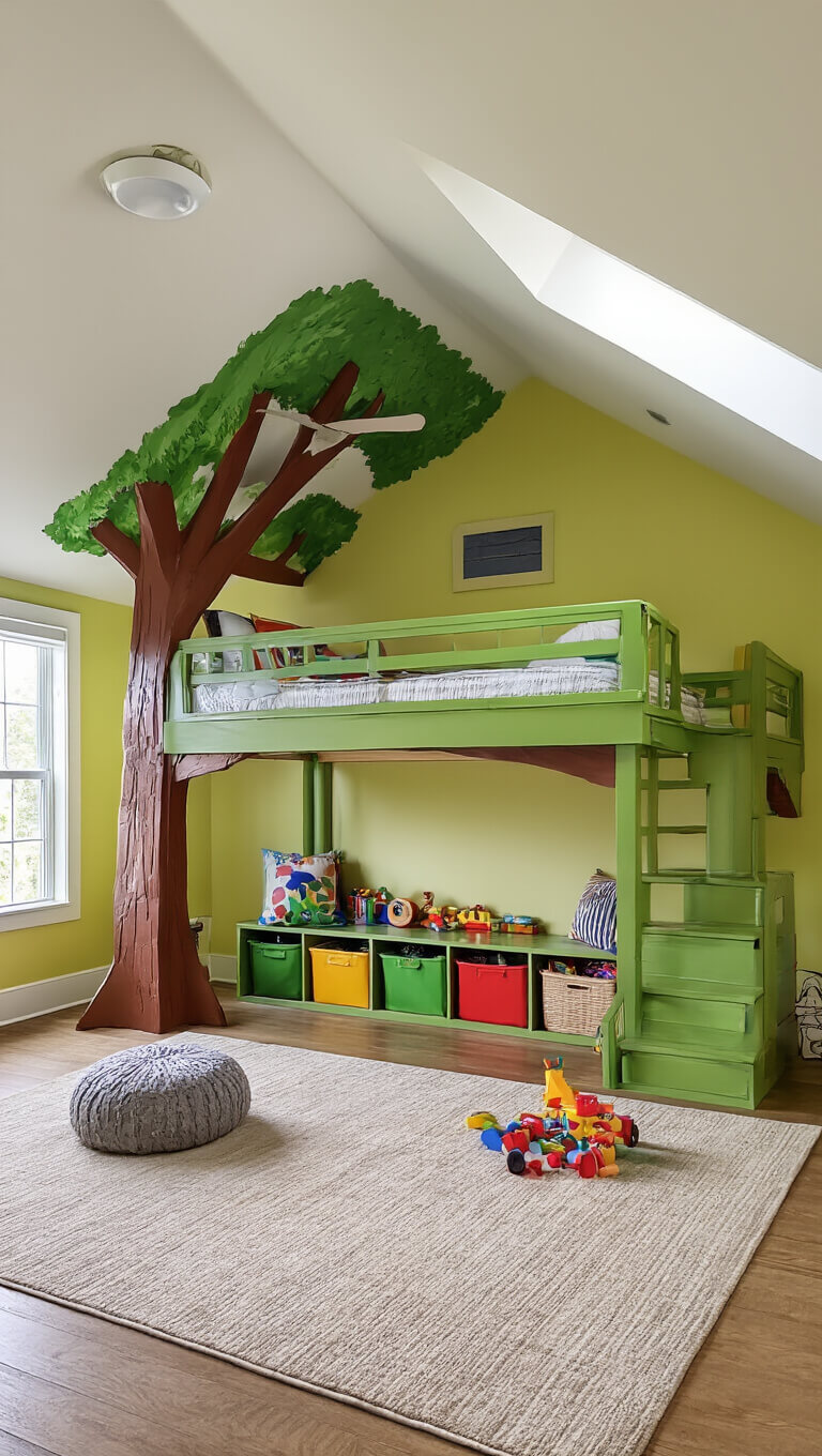 Low-angle view of a colorful treehouse-style loft bed in a bright, playful kids' room with vaulted ceilings and a cozy play area underneath.