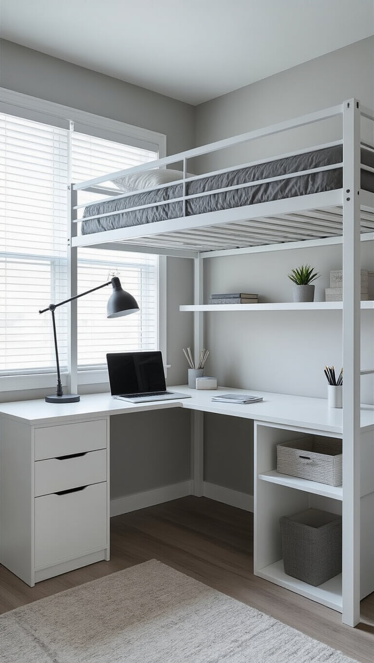 Modern 9x11ft home office with white metal loft bed workstation, built-in desk and shelves, in grayscale decor under cool morning light.
