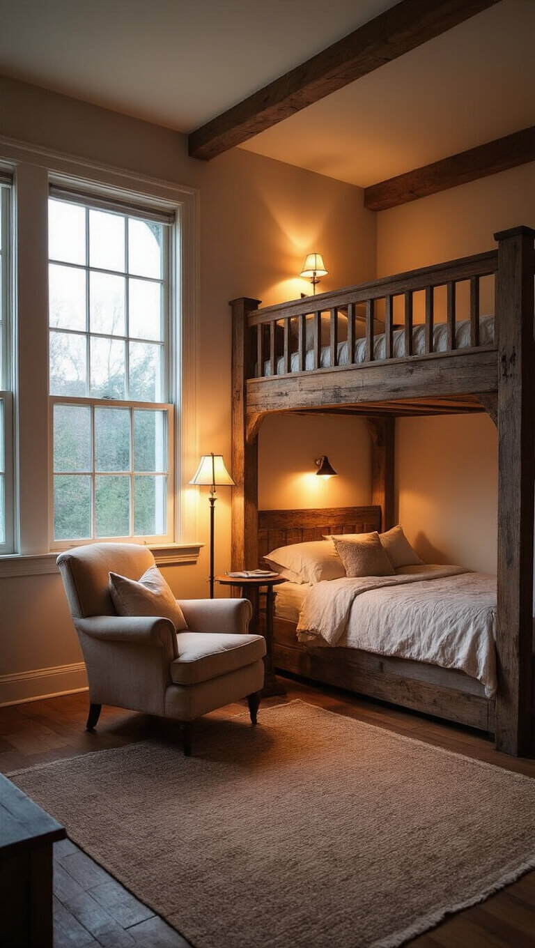 Romantic 11x13ft bedroom with loft bed, cozy reading nook, bay window, and warm ambient lighting.