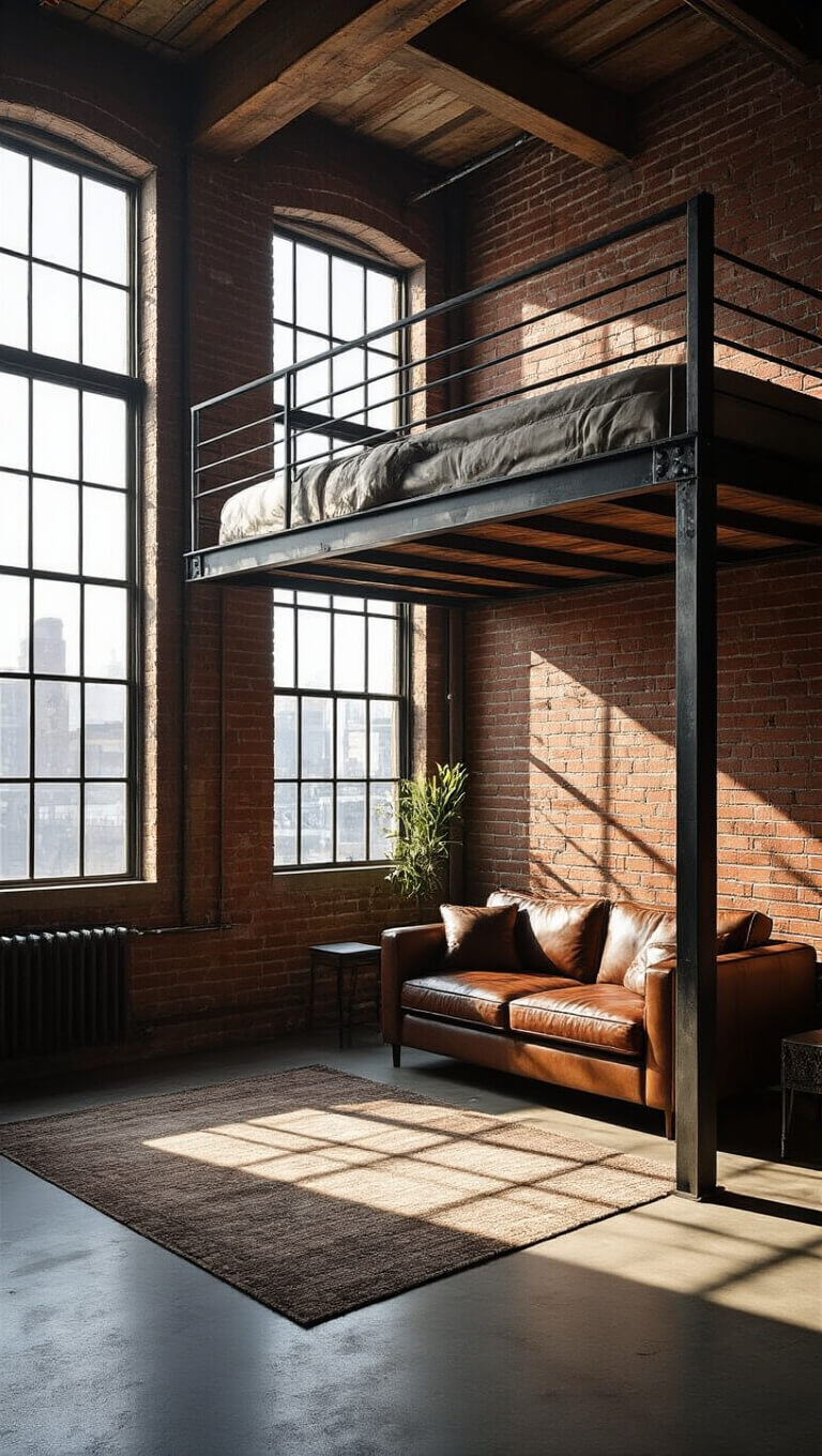 Industrial-chic loft apartment with exposed brick, tall ceilings, and sunlight casting dramatic shadows over a metal and wood loft bed above a leather-seated living area.