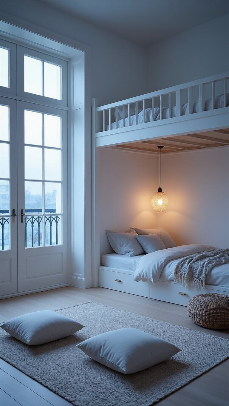 Serene guest room with loft bed in pale birch, meditation area below, French doors to balcony, and soft twilight lighting transitioning to warm glow.