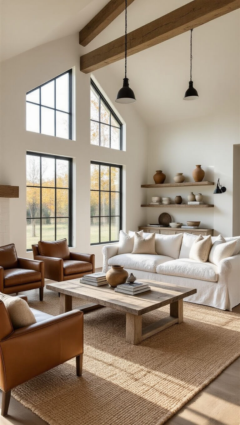 Sunlit modern farmhouse living room with vaulted ceilings, exposed beams, white linen sofa, leather armchairs, distressed wood coffee table on jute rug, and warm golden hour lighting.