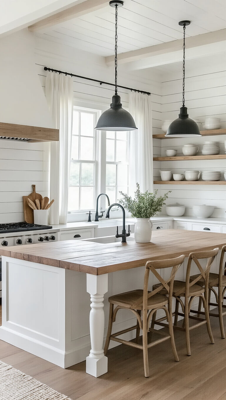 Modern farmhouse kitchen with white shiplap walls, large butcher block island, farmhouse sink, open shelving, and warm morning light filtering through sheer curtains.
