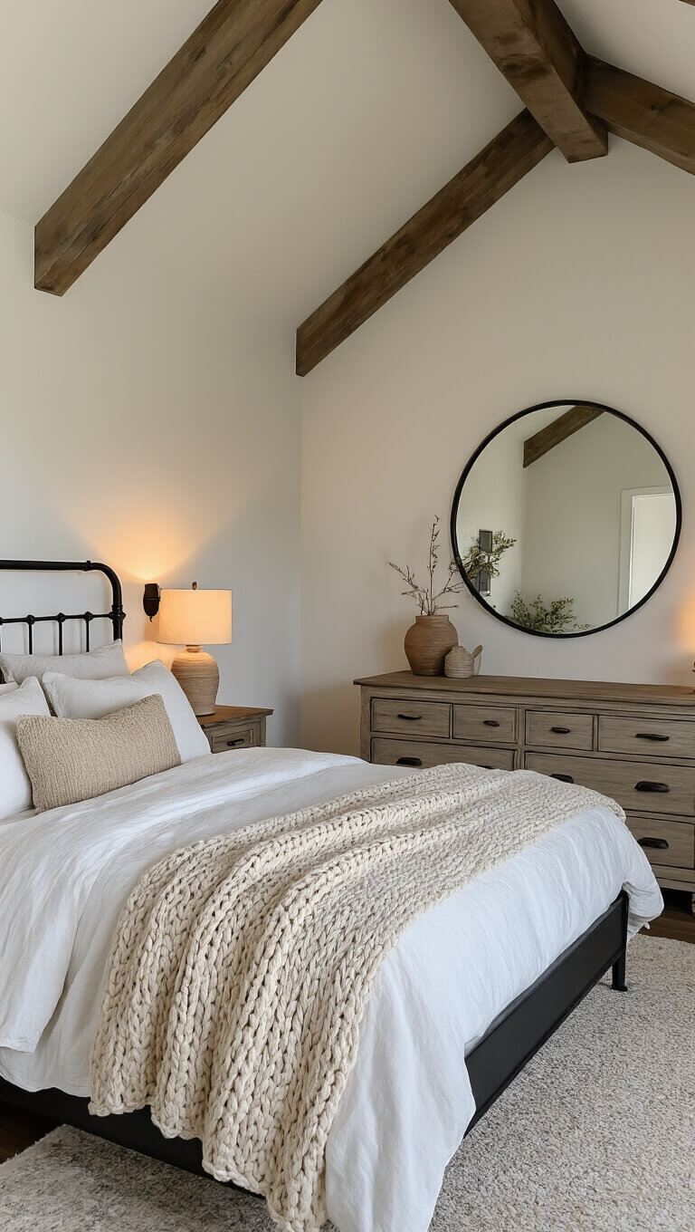 Cozy modern farmhouse bedroom with pitched ceiling, exposed wooden rafters, king bed with white and beige linens, wooden nightstands, ceramic lamps, and round mirror above distressed wood dresser.