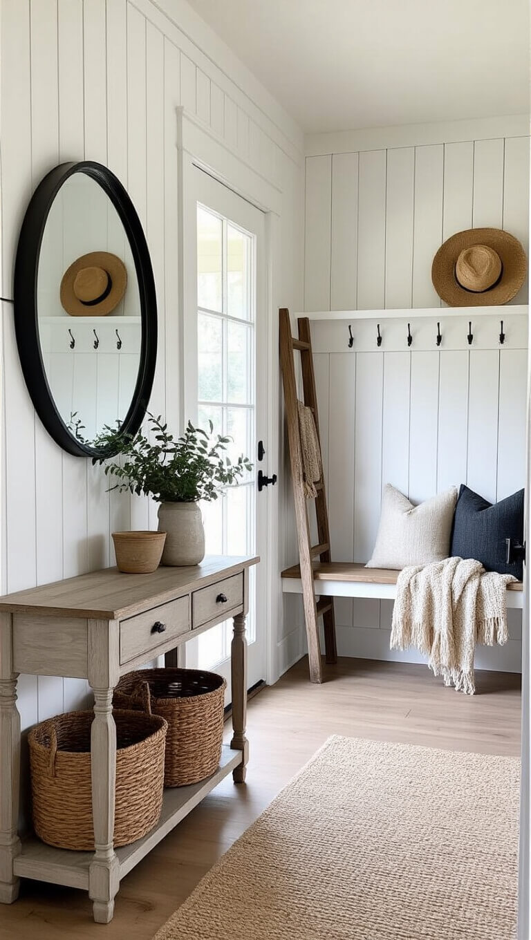 Modern farmhouse entryway with white board and batten walls, distressed wood console, round black-framed mirror, built-in bench, vintage ladder with throws, and natural light from glass-paned door.