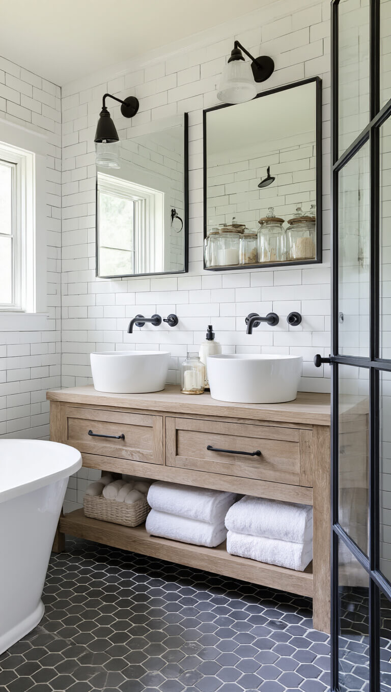 Serene modern farmhouse bathroom with white subway tiles, dark hexagon floor, freestanding tub, wood floating double vanity, black-framed mirror and shower, and open shelving with towels and jars.
