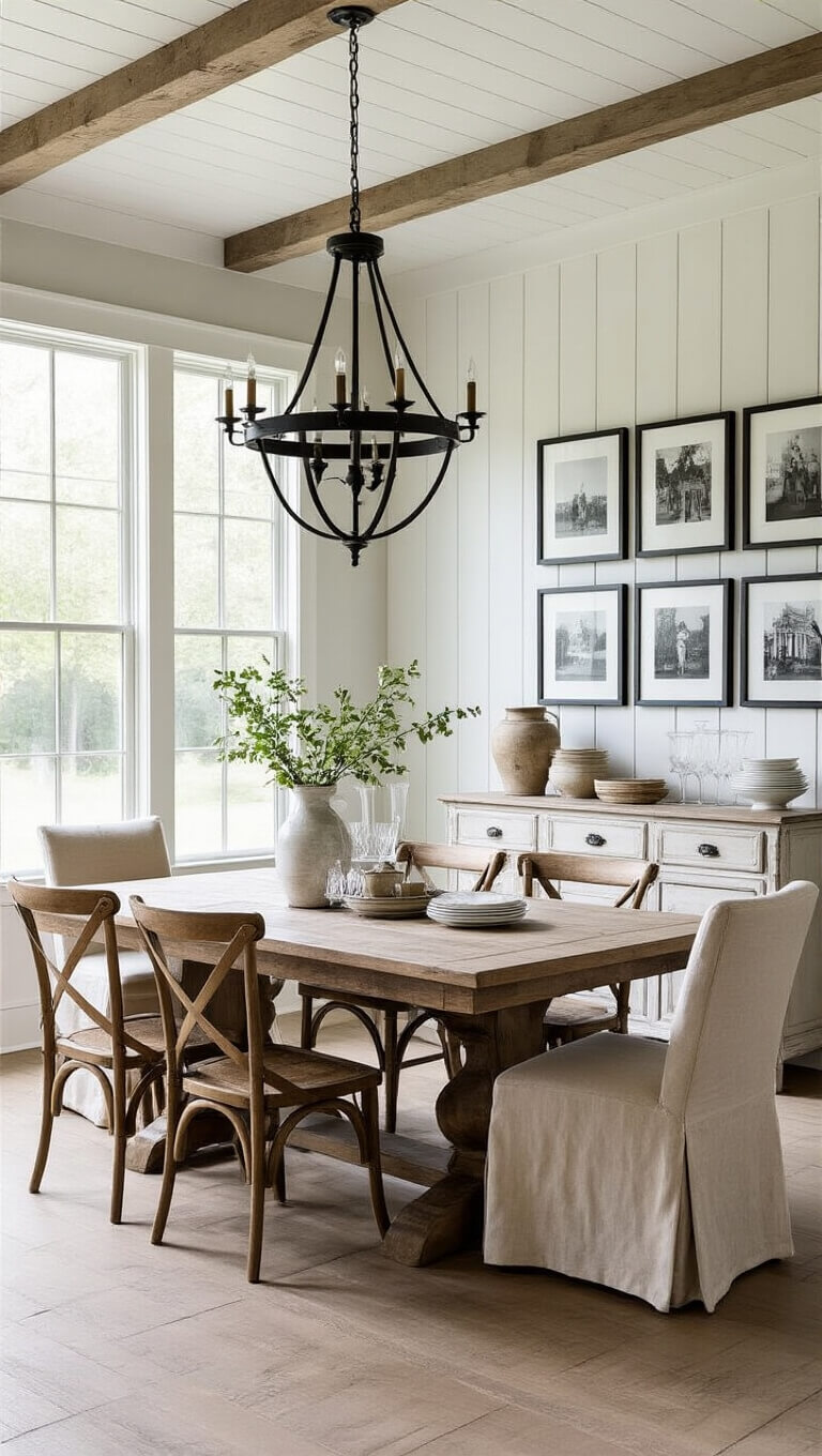 Rustic-chic modern farmhouse dining room with weathered oak table, mix-and-match chairs, white wainscoting, grey walls, vintage sideboard, and afternoon sunlight streaming through large windows.