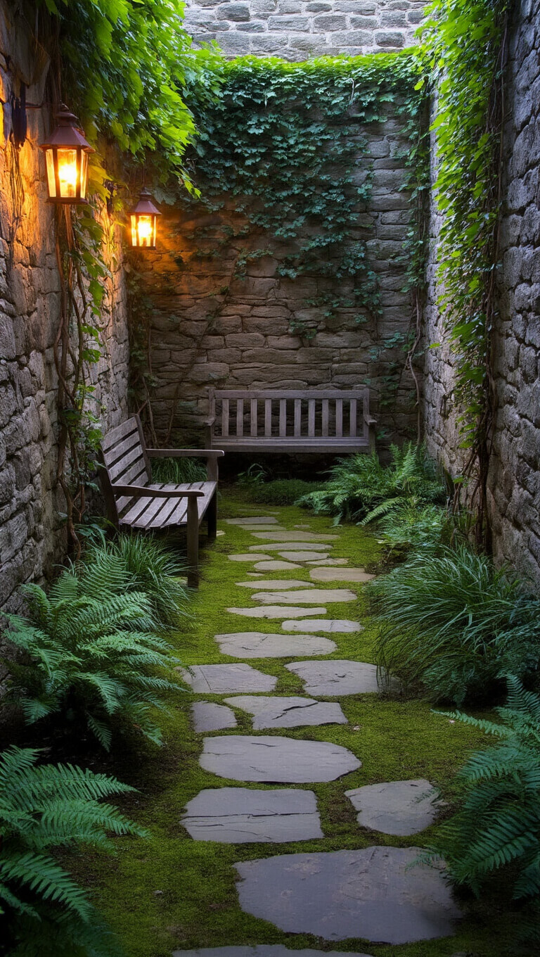 Sunken courtyard garden at dusk with flagstone path, wooden bench, climbing vines, mossy stones, soft lantern light, and a trickling copper water feature.