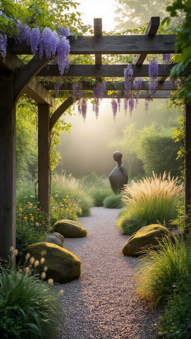 Wide-angle view of a misty backyard garden at sunrise with a rustic pergola covered in wisteria, gravel path winding through wildflowers and grasses, mossy boulders, and a bronze sculpture partially hidden among tall plants.