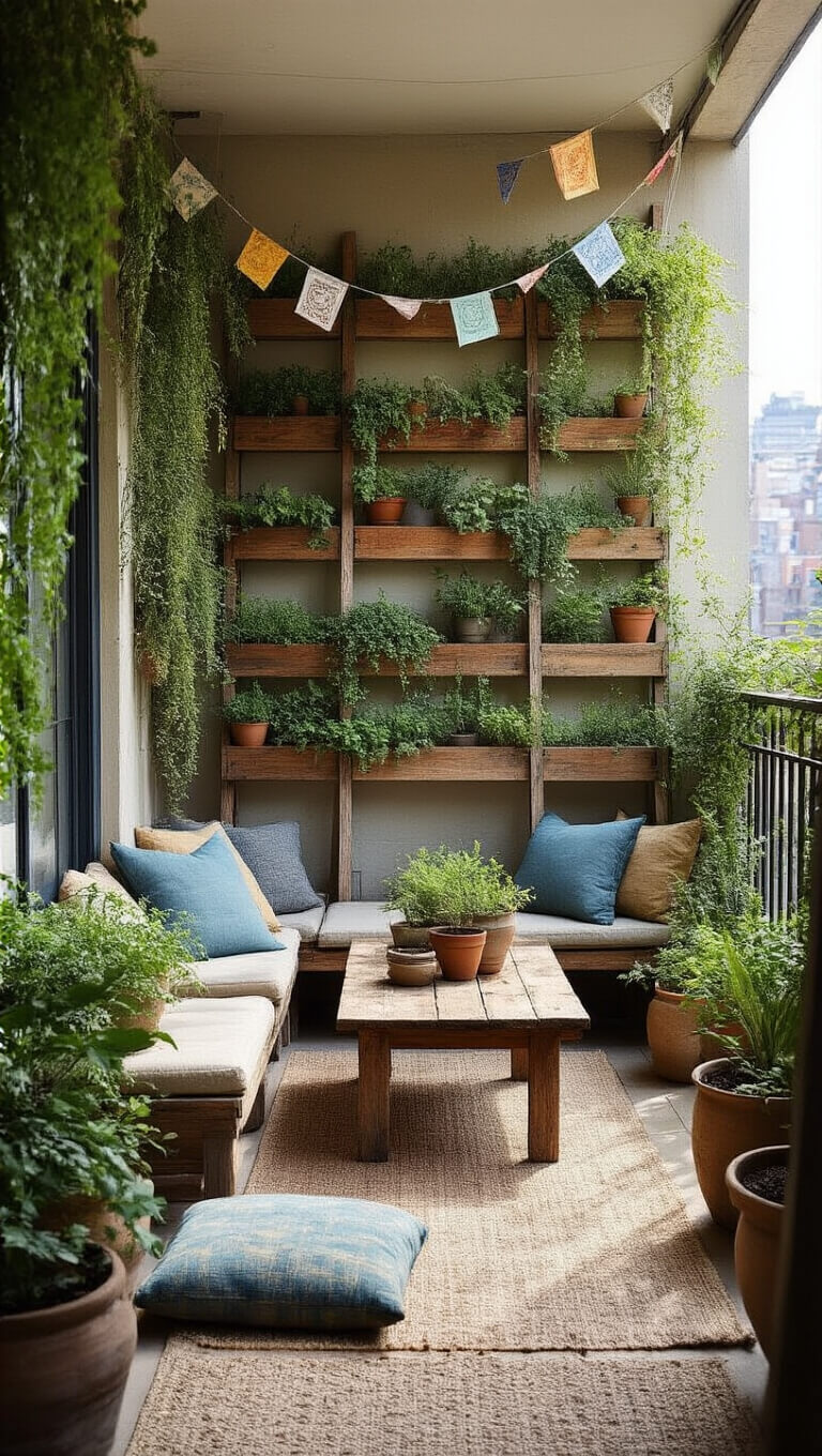 Wabi-sabi urban balcony with distressed wooden planters, cascading herbs, terracotta pots on old ladder, reclaimed wood table, mismatched cushions, and weathered prayer flags in sun-bleached tones.
