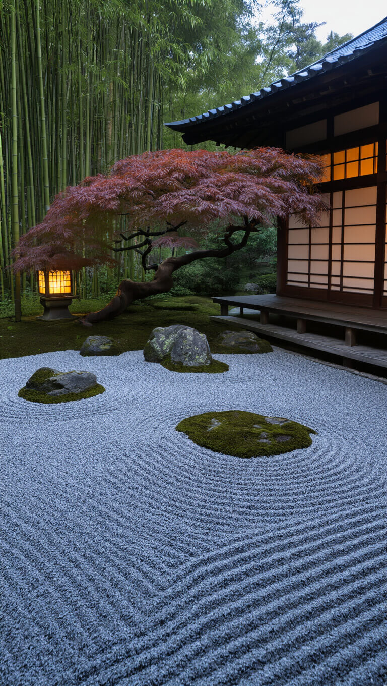 Zen garden at twilight with raked gravel, mossy rocks, a Japanese maple, glowing stone lantern, bamboo, and wooden tea house, viewed from a low angle.