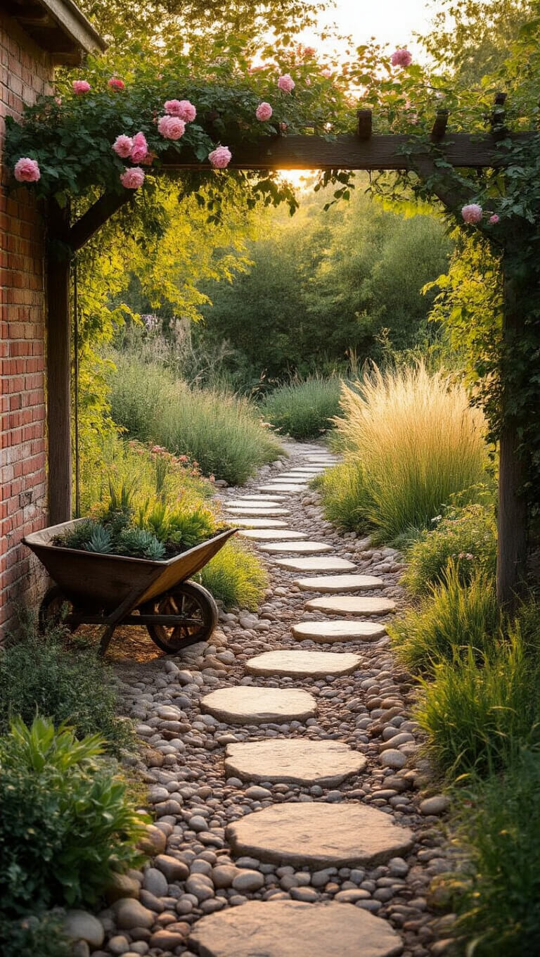 Wide-angle view of a rustic country garden at golden hour, featuring a dry creek bed with river rocks and native plants, weathered stepping stones, a vintage wheelbarrow planter, tall grasses, wildflowers, and a rose-draped arbor.