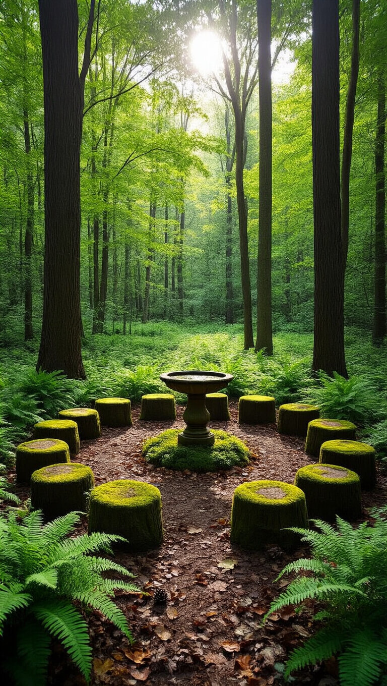 Woodland garden with mossy log seating circle, ferns, and bird bath under dappled noon sunlight.