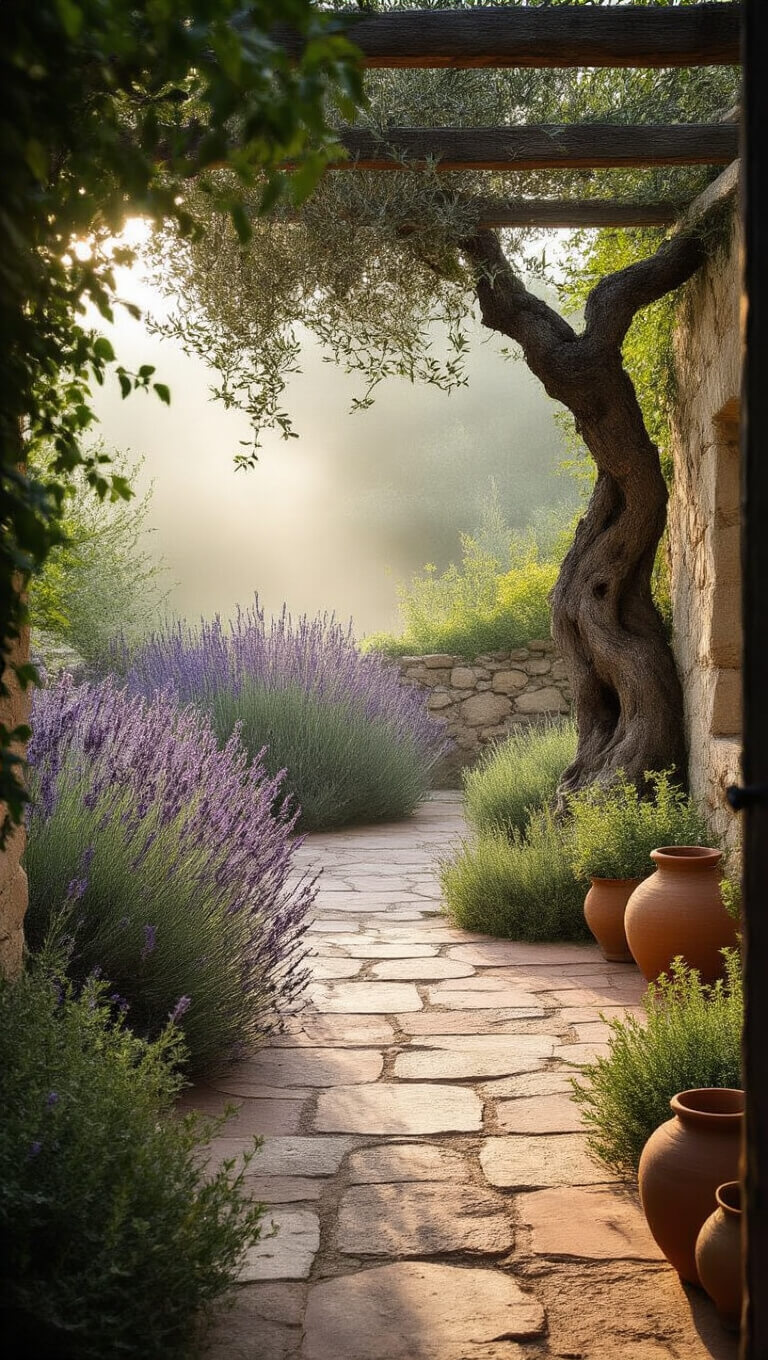 Mediterranean wabi-sabi garden at dawn with mist over lavender, rosemary, a gnarled olive tree, aged terracotta tiles, creeping thyme, fig-covered stone wall, and rustic pots of drought-tolerant plants in muted purples, greens, and warm earthy tones.