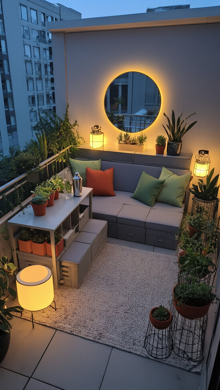 Cozy urban balcony at dusk with LED lanterns, gray loveseat with green and terracotta pillows, console bar with succulents, wire plant stands, and a round mirror adding depth.