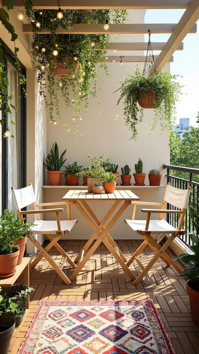 Sunlit balcony with wooden deck tiles, folding table, director's chairs, hanging plants, fairy lights, potted herbs, and a colorful floor cushion.