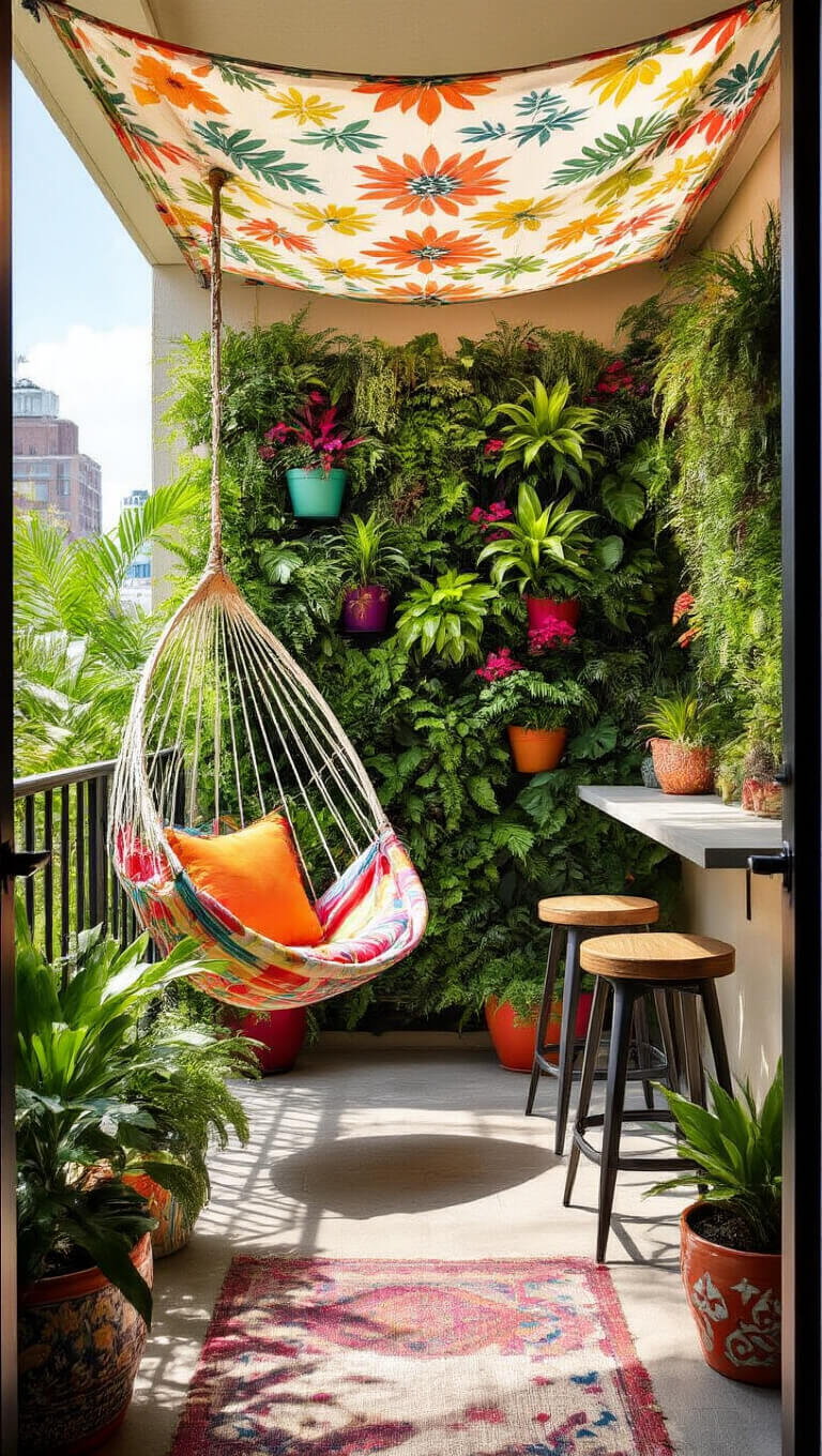 Bohemian balcony with hammock chair, tropical plants, bar table with stools, living wall garden, and patterned canopy in bright sunlight.