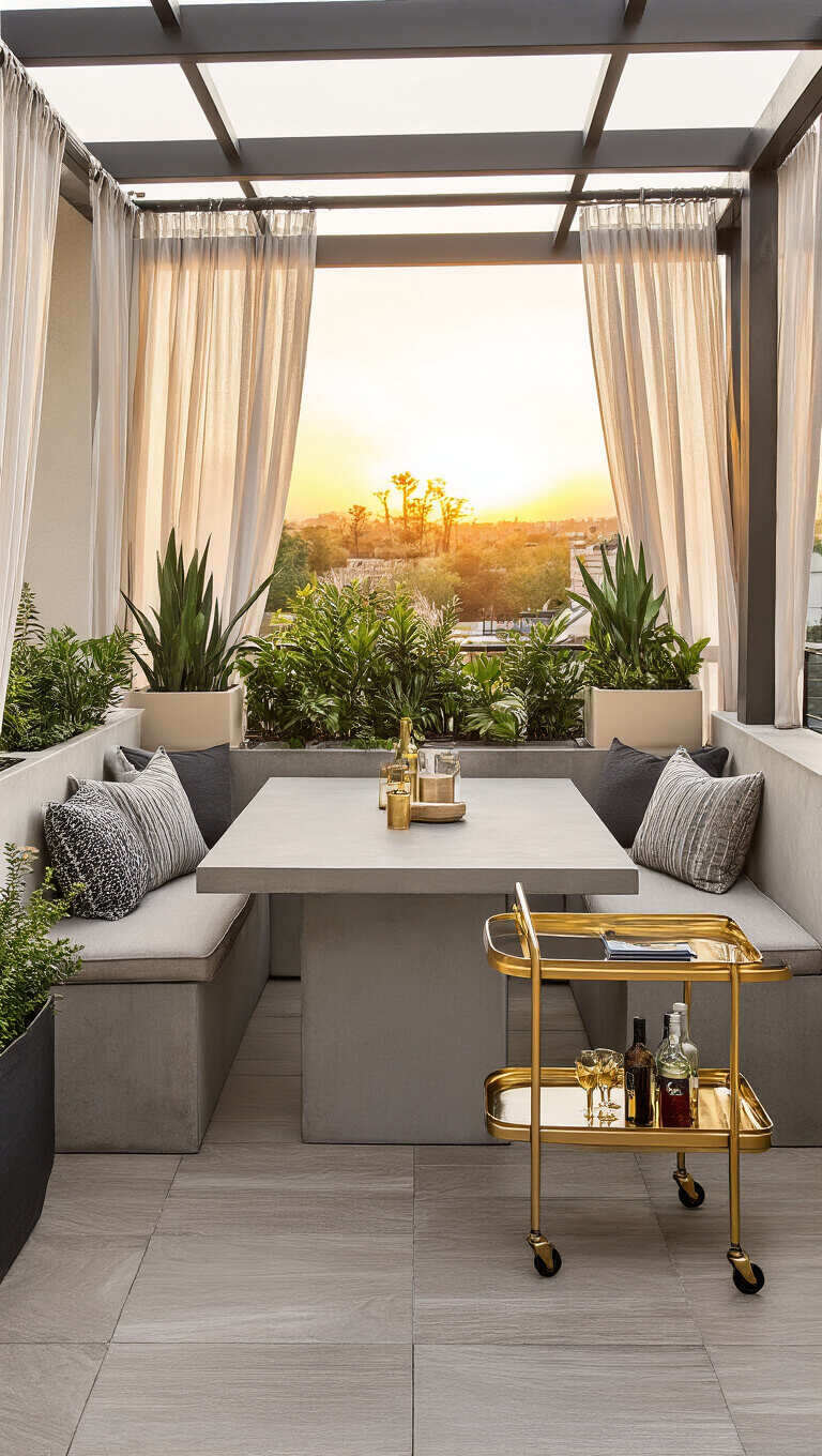 Elegant sunset balcony with concrete dining table, bench seating, sheer-curtained pergola, sculptural planters, gold bar cart, and wood-look porcelain tile flooring.