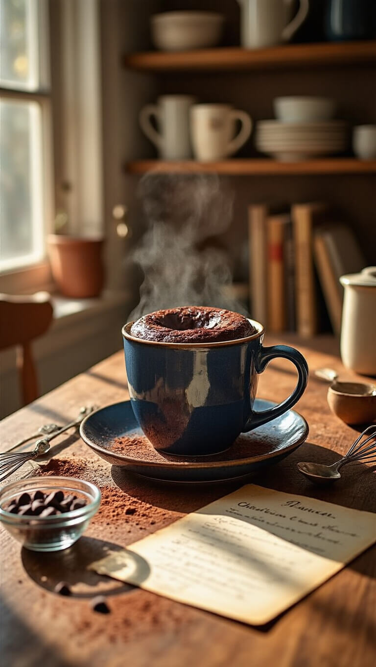 Chocolate lava mug cake in a navy mug on rustic table with cocoa, chocolate chips, recipe card, and vintage baking tools in cozy kitchen.