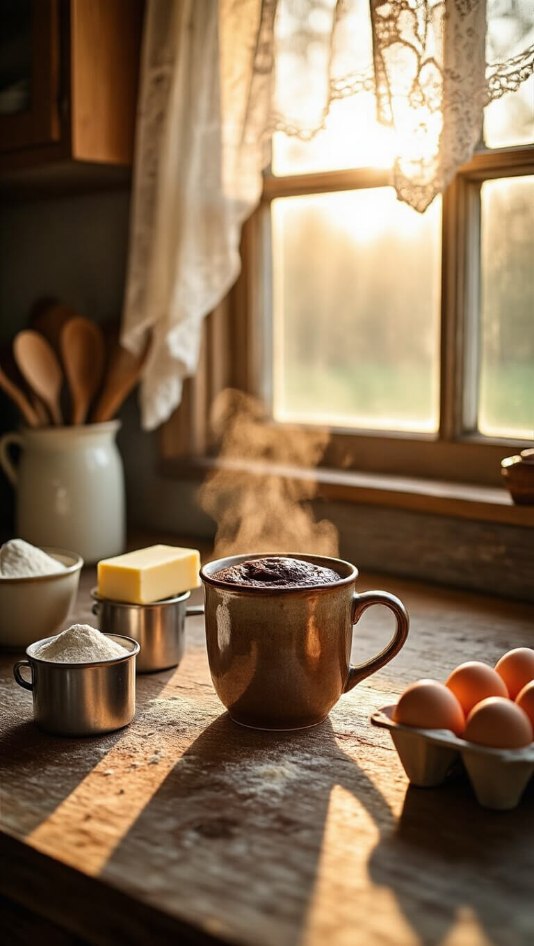Chocolate lava mug cake steaming in a pottery mug on a rustic farmhouse kitchen counter at golden hour, surrounded by vintage measuring cups, eggs, butter, and sunlit lace curtains.