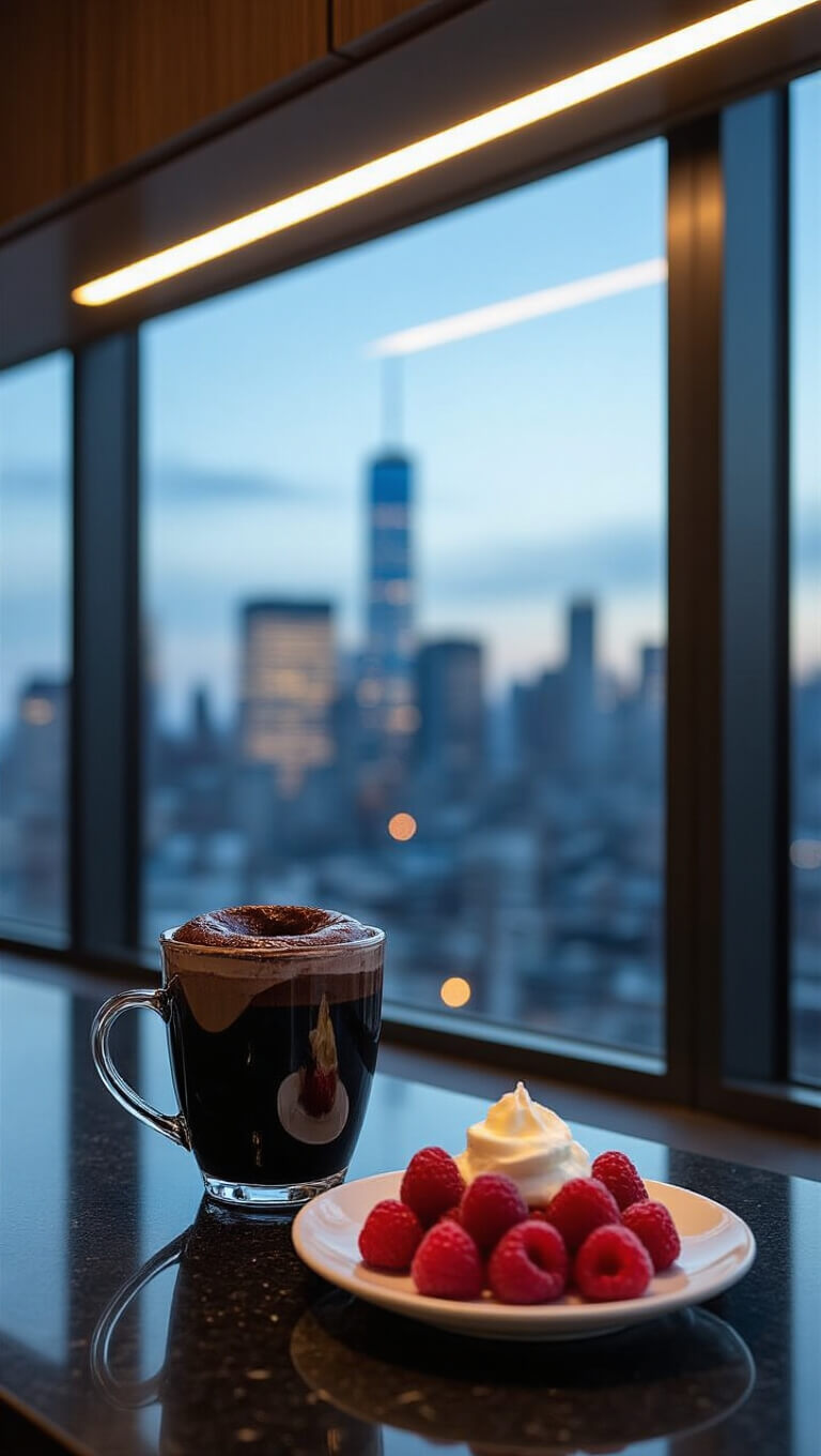Chocolate lava mug cake in a glass mug on a black countertop, with raspberries and mascarpone, set in a modern city kitchen at twilight.