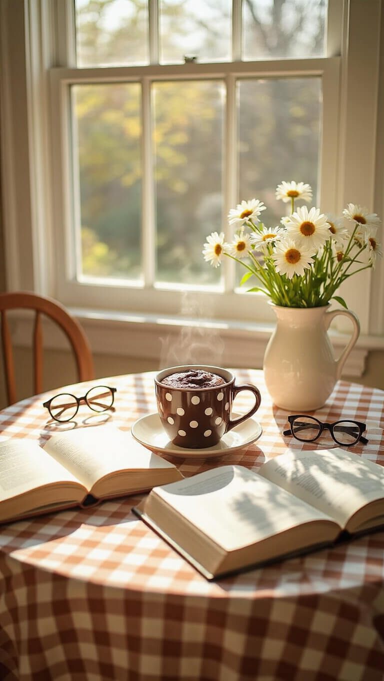 Sunny breakfast nook with chocolate mug cake, coffee, open cookbook, reading glasses, and daisies on a gingham-covered table by a bright bay window.