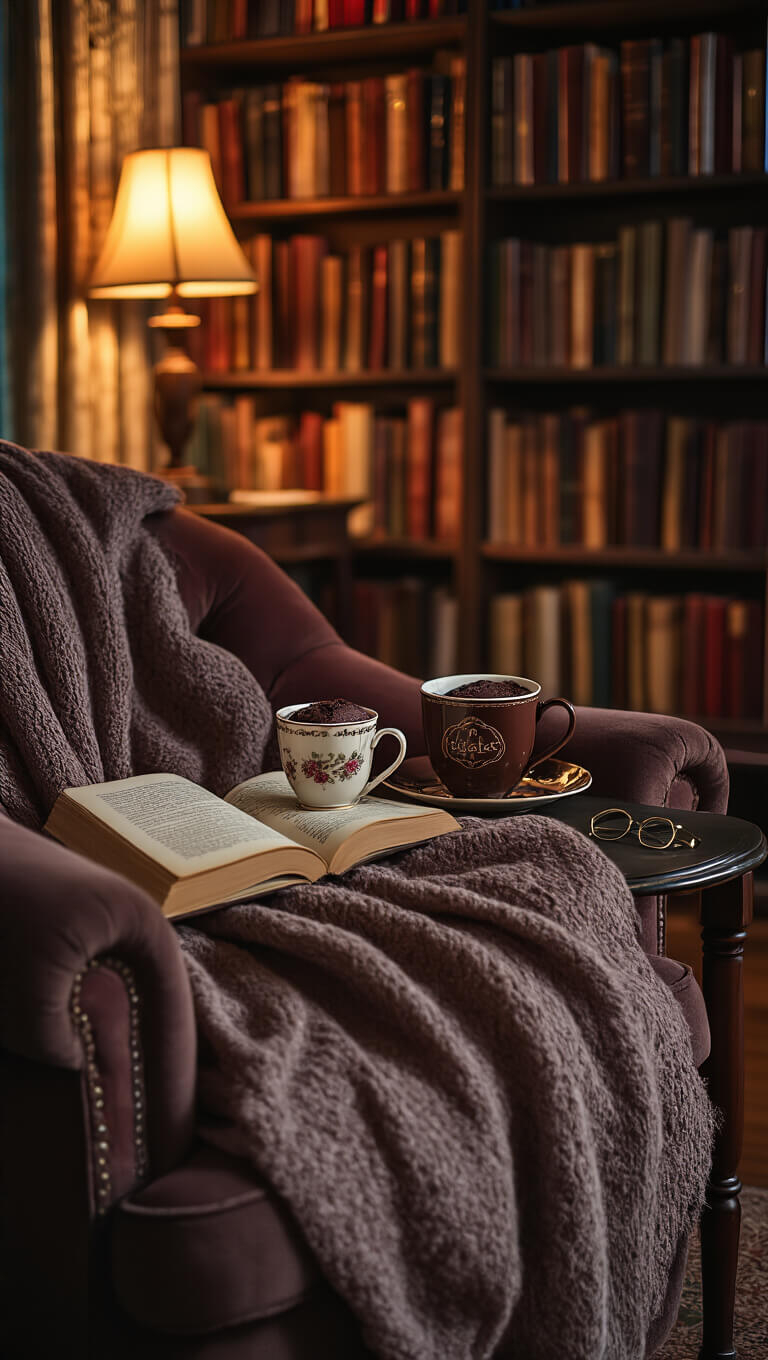 A cozy reading nook at dusk with a lamplit armchair, chocolate lava mug cake in a teacup, open novel with reading glasses, and floor-to-ceiling bookshelves in a rich, warm color palette.