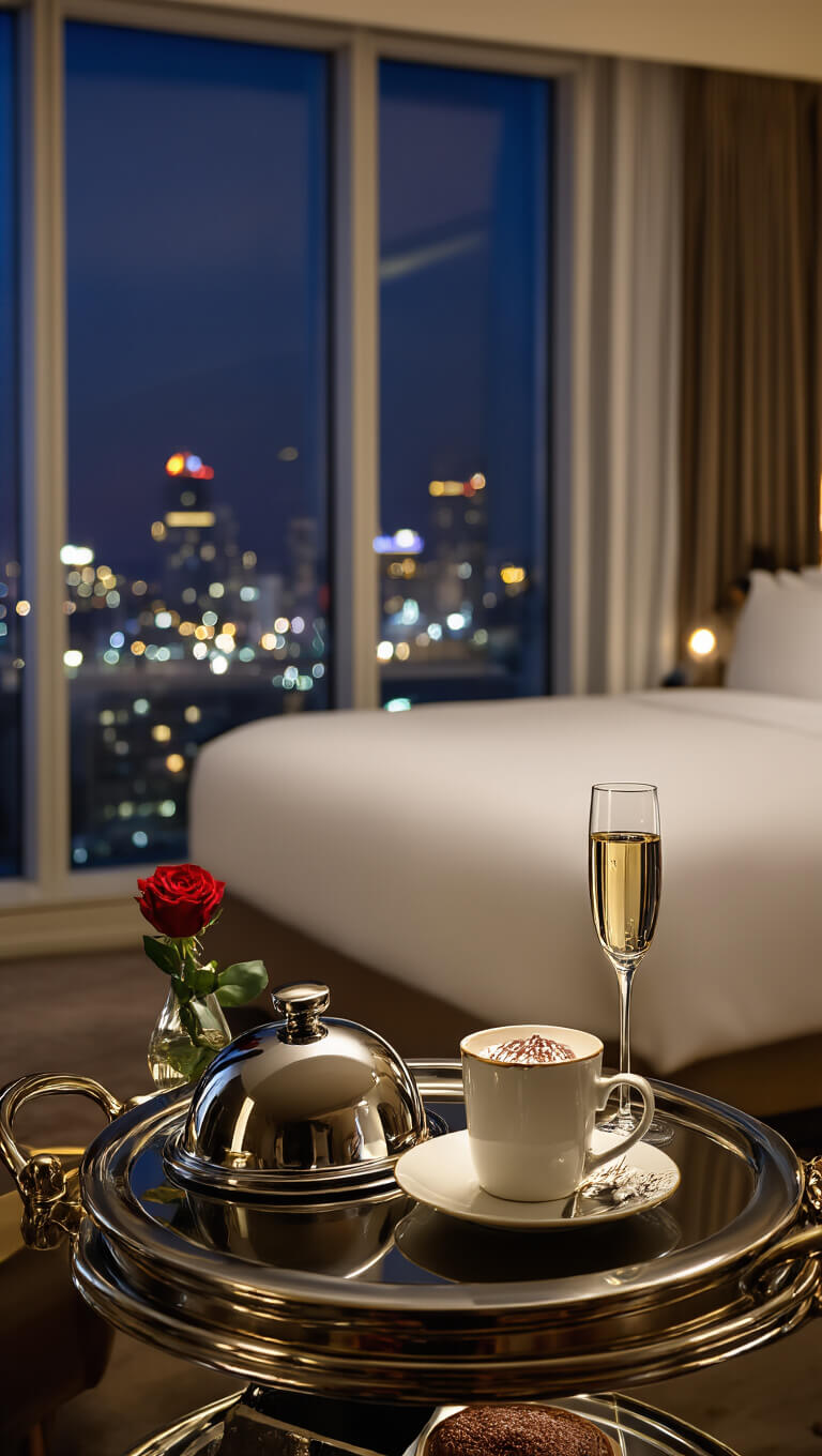 Luxurious hotel room at night with room service trolley featuring chocolate lava mug cake, champagne flute, and red rose; king-size bed and city view in background.