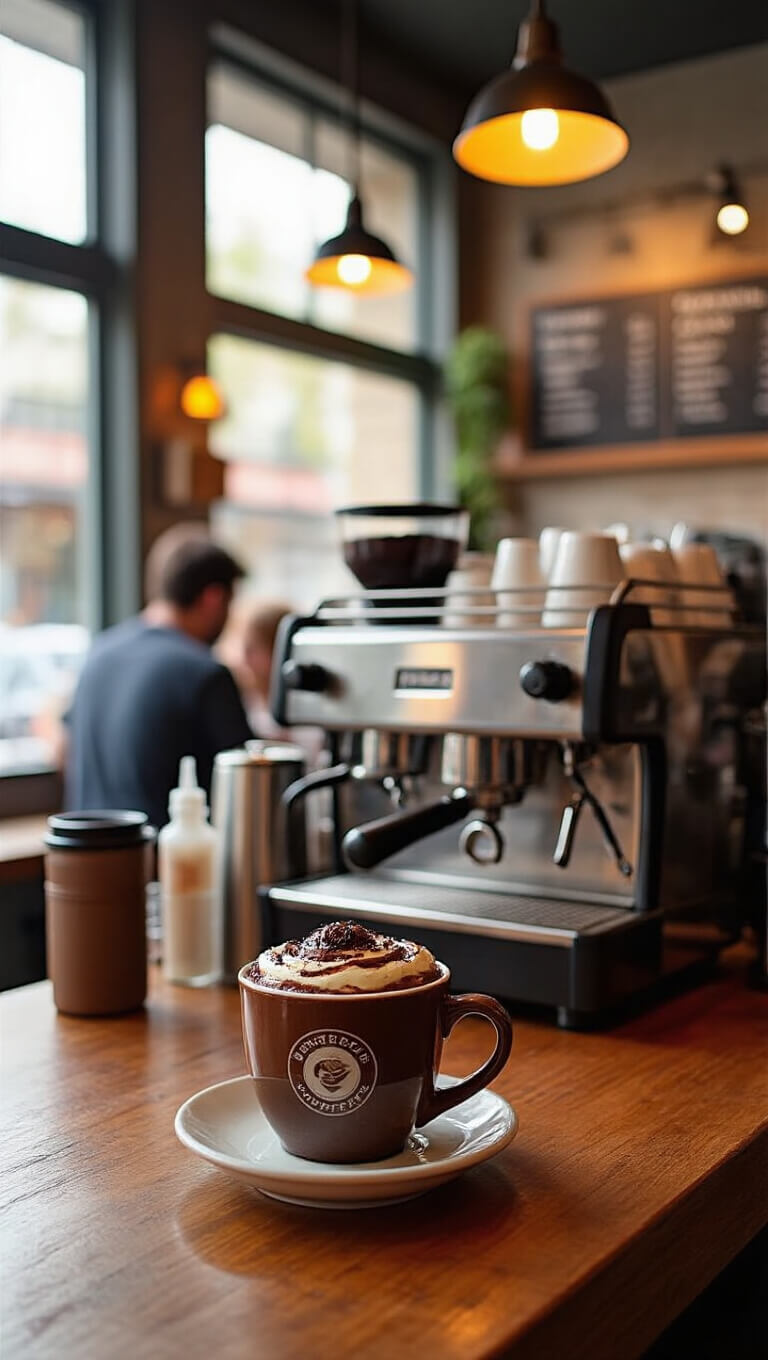 Barista counter in a busy coffee shop with a chocolate lava mug cake in a branded mug, surrounded by coffee-making tools, with customers and warm lighting in the background.