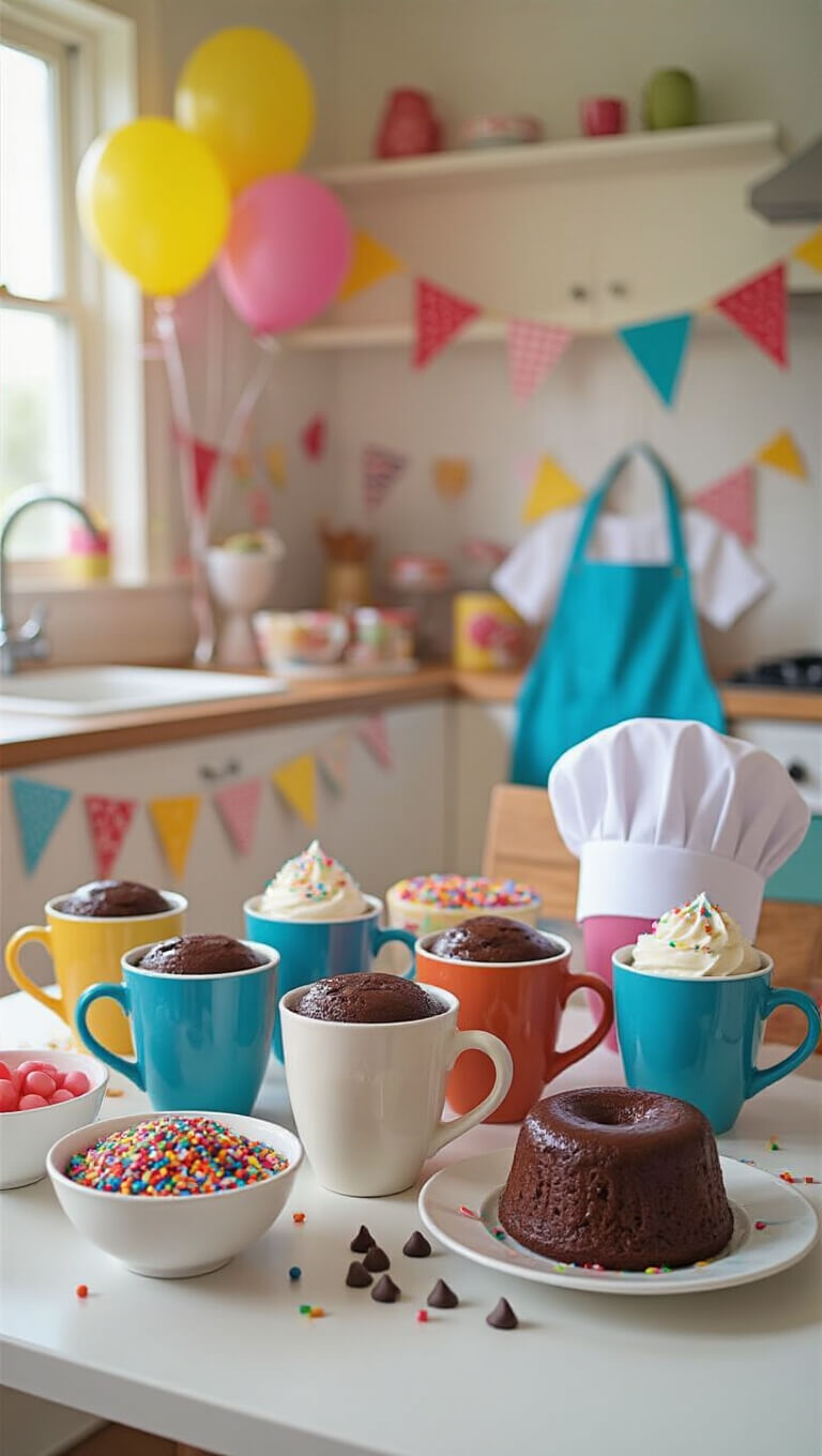 Child’s-eye view of a colorful kids' baking party with mugs of chocolate lava cake, toppings, balloons, and mini aprons in a brightly lit kitchen.
