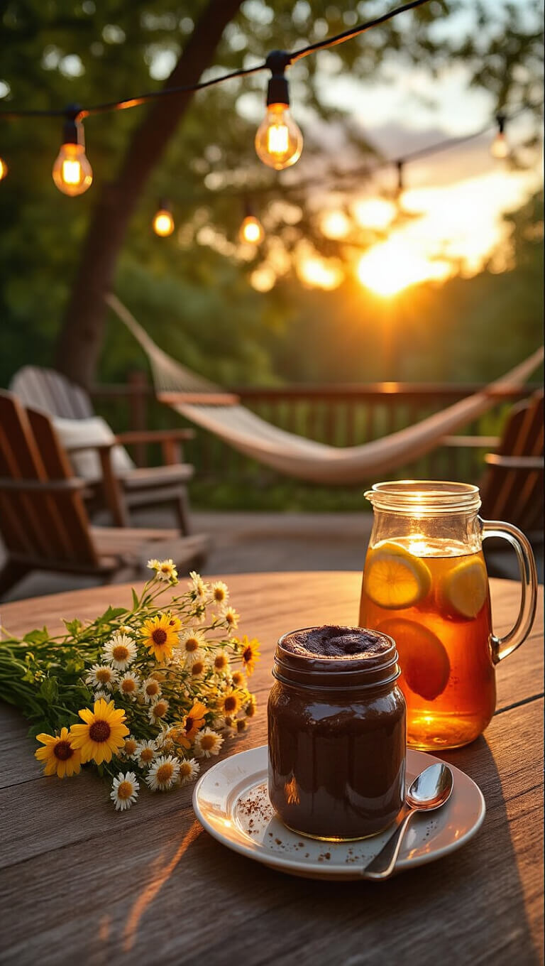 Chocolate lava mug cake in a mason jar on a rustic table with wildflowers and iced tea, under string lights at sunset on a cozy patio.