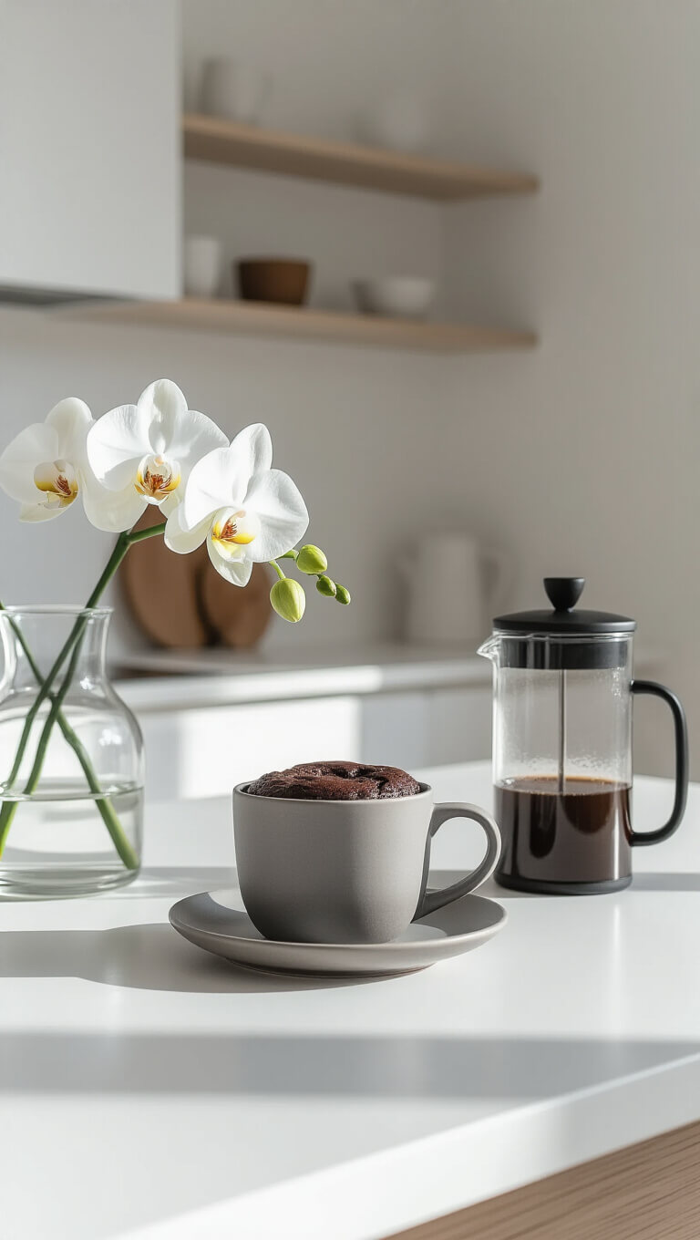 Minimalist Scandinavian kitchen with morning light, featuring a chocolate lava mug cake in a gray mug, a white orchid in a glass vase, and a modern coffee press on a white countertop.
