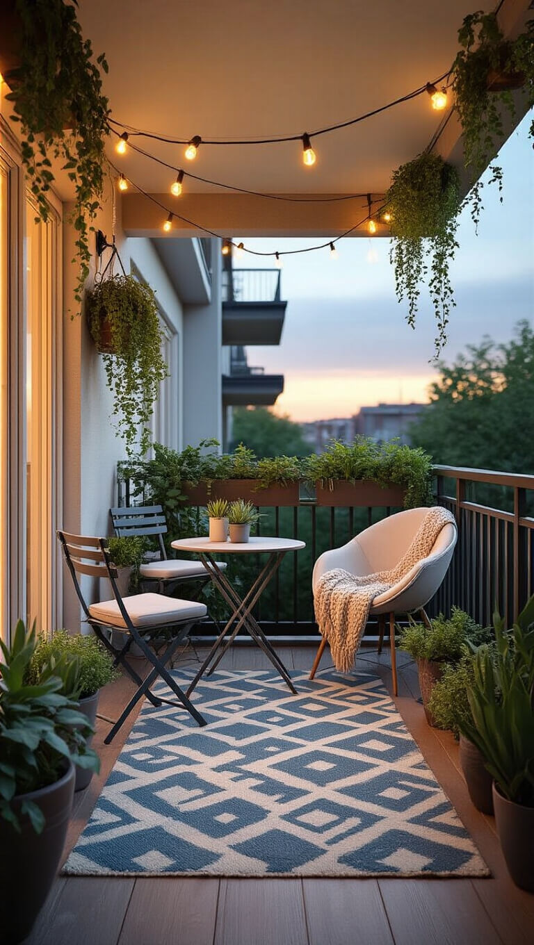 Cozy 5x8 foot apartment patio at golden hour with bistro set, egg chair, string lights, vertical planters, and geometric rug.