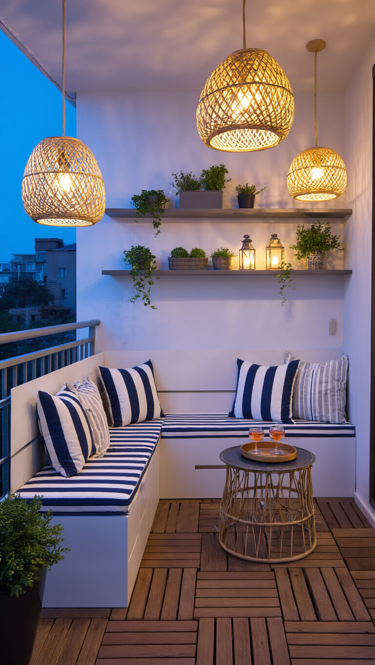 Twilight view of a cozy 6x6 foot urban balcony with modular bench seating, striped cushions, floating plant shelves, rattan pendant lights, a small side table with cocktails, and wooden deck tiles.