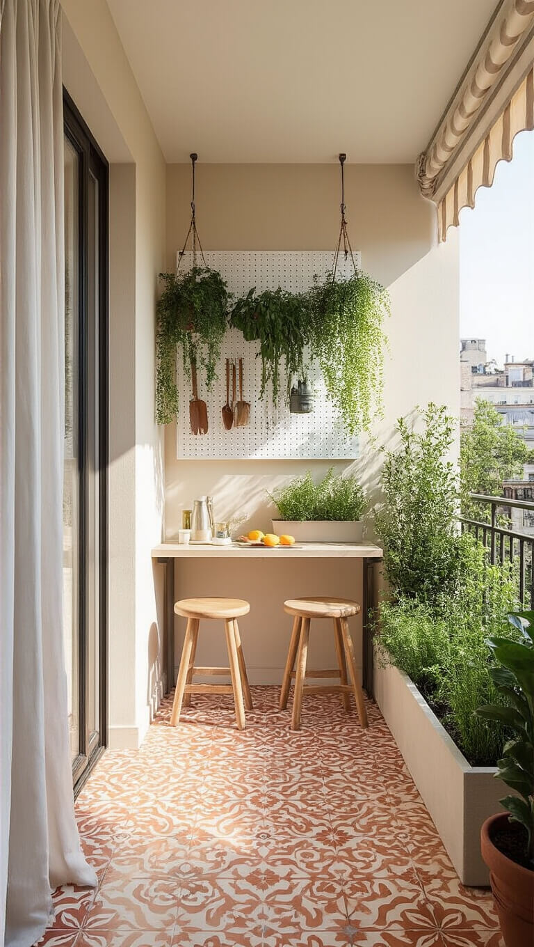 Narrow 4x10 foot apartment terrace with a breakfast bar, folding stools, vertical herb garden, pegboard with tools and plants, compact water feature, terracotta and cream Moroccan tiles, and sheer billowing curtains in morning light.