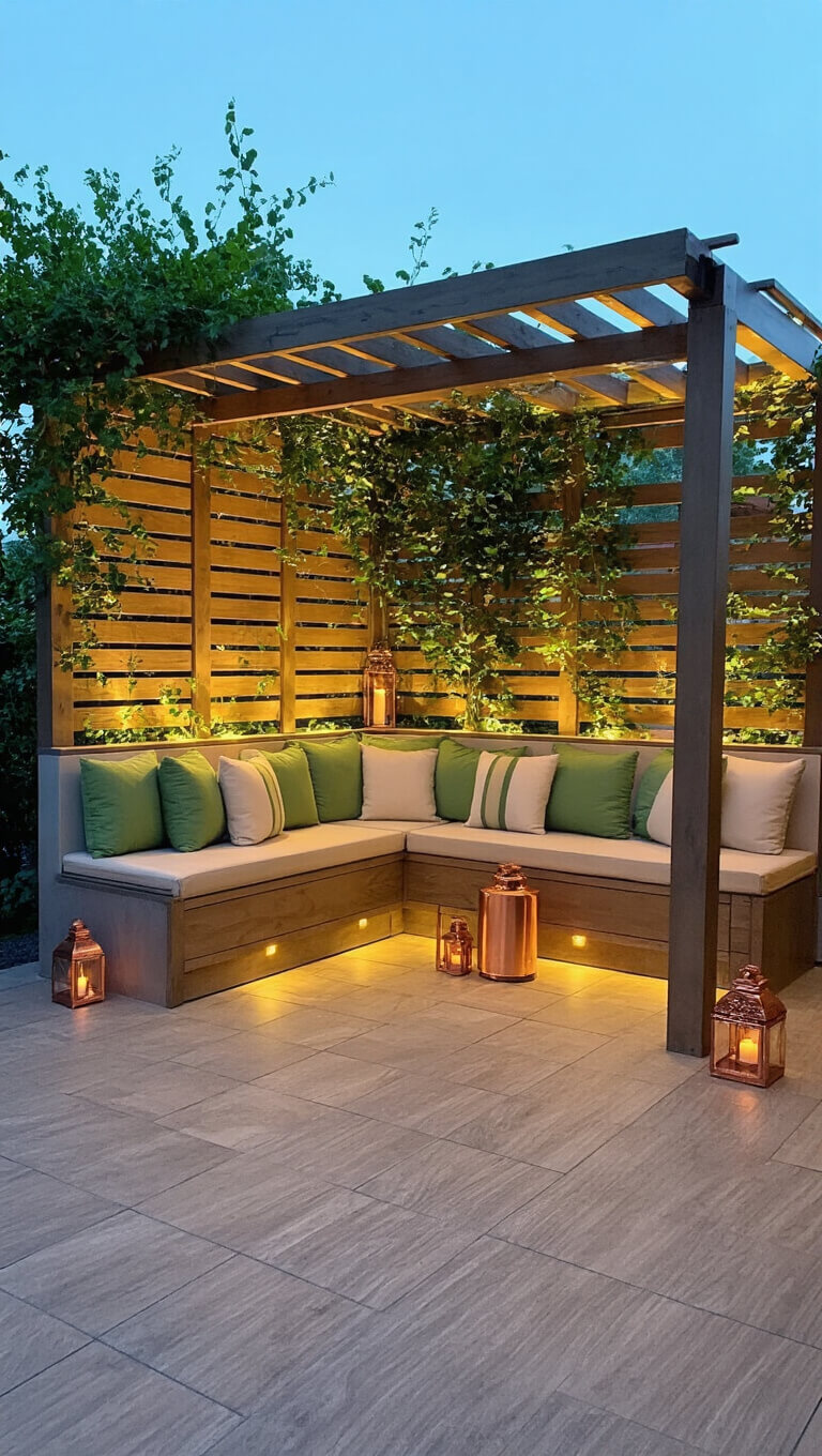 Cozy dusk-lit balcony with L-shaped bench, sage and cream cushions, wood pergola with vines, fold-down table, copper lanterns, and weathered wood-look tile flooring.